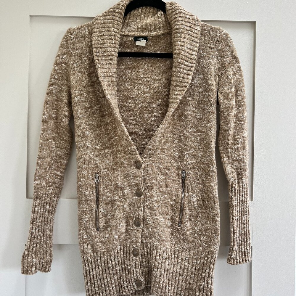 Classic J. Crew Long Sleeve Wool Cardigan, Size XS Color: cream and light brown